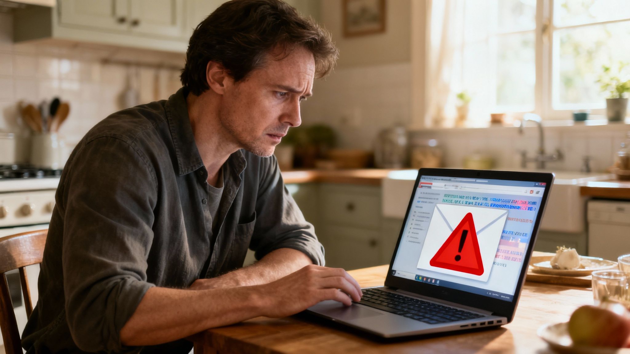 Besorgter Mann schaut auf Laptop mit Warnzeichen bei Phishing-E-Mail in seiner Küche.