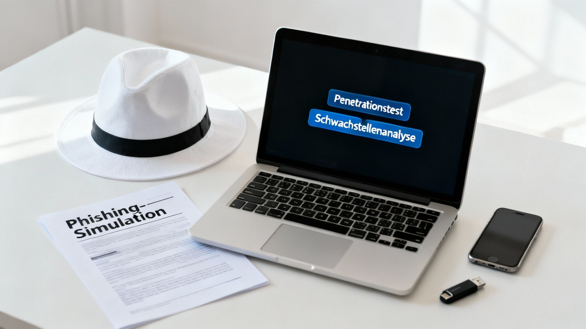 Ein weißer Hut auf einem Schreibtisch neben einem Laptop, der Penetrationstest und Schwachstellenanalyse anzeigt.