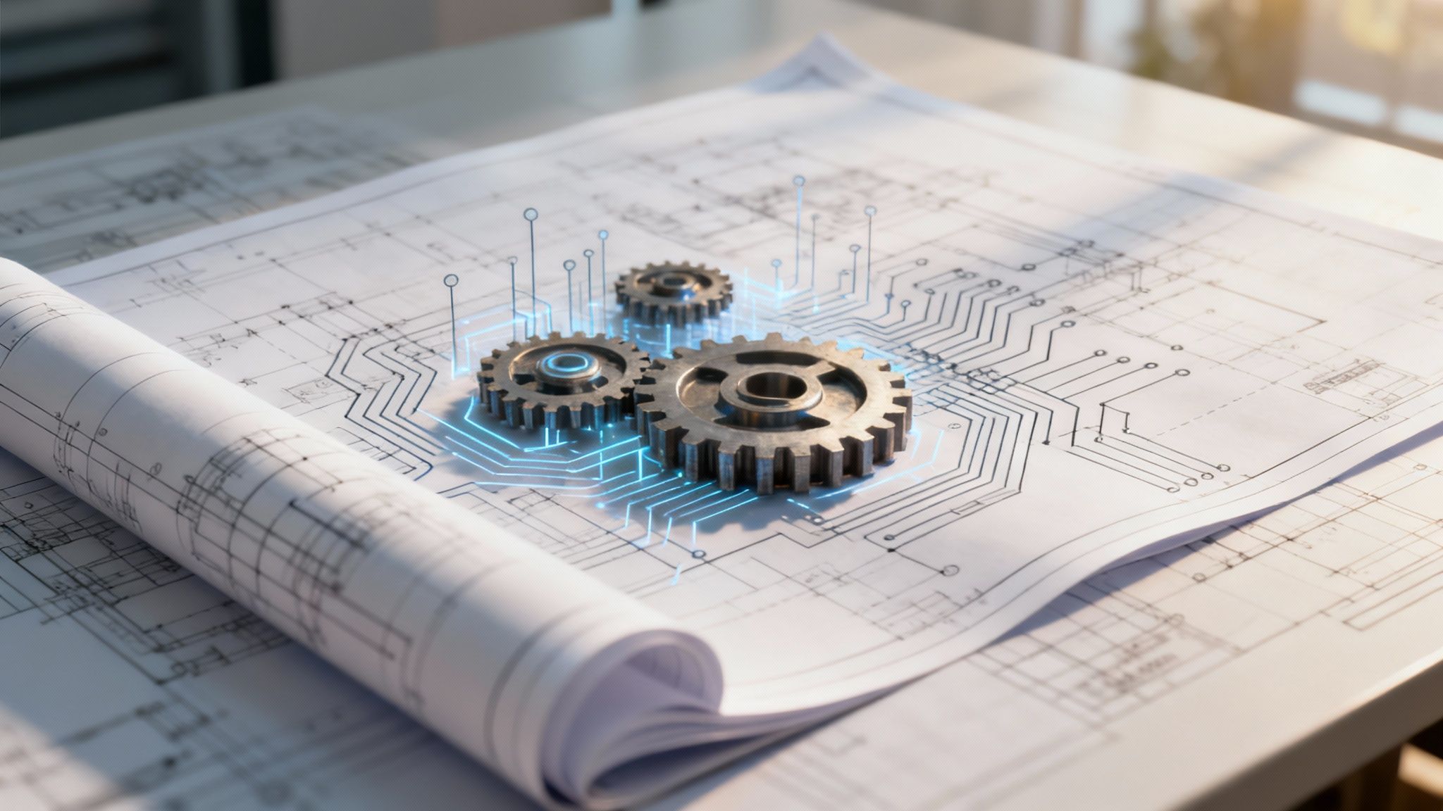 Eine detaillierte schematische Darstellung verschiedener miteinander verbundener IT-Dienste, wie Cloud, Sicherheit und Datenmanagement.