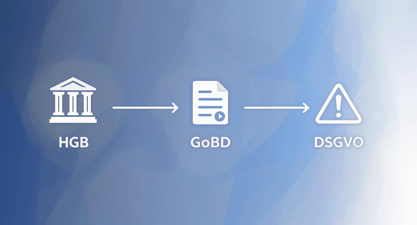 Visualisierung des Prozesses von HGB über GoBD zur DSGVO, darstellend Compliance-Anforderungen für Dokumentenmanagement.