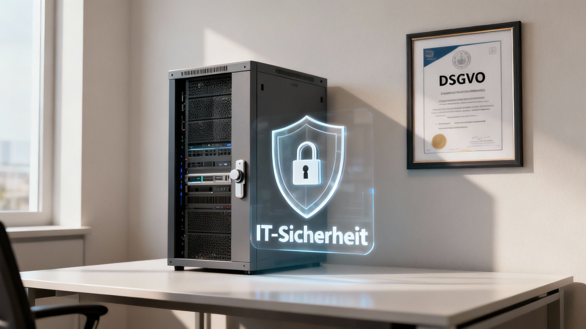 Ein Server-Rack in einem Büro mit einem leuchtenden IT-Sicherheits-Symbol und einem DSGVO-Zertifikat an der Wand.