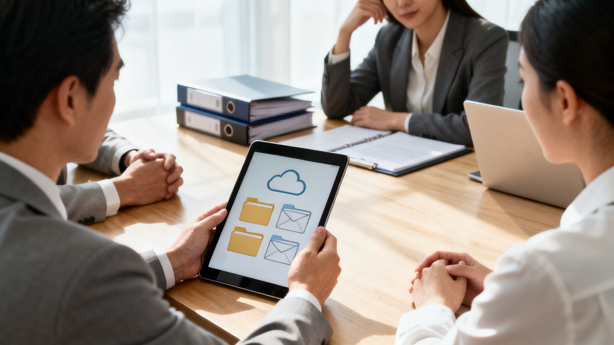 Geschäftsleute in einem Meeting sehen Cloud- und E-Mail-Symbole auf einem Tablet.