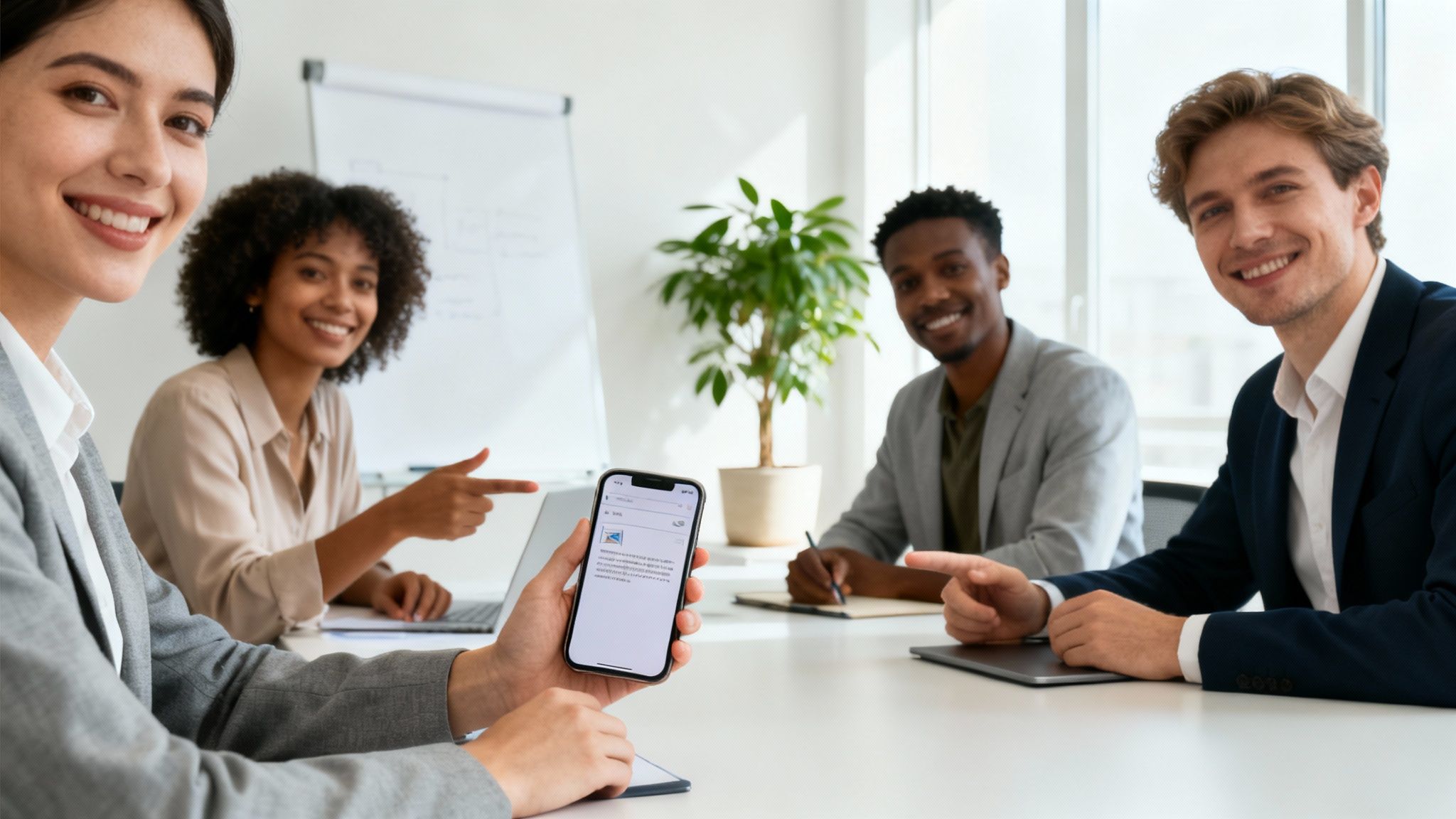 Gruppe von Geschäftsleuten lächelt in einem Meeting, eine Frau hält ein Smartphone mit einer E-Mail.