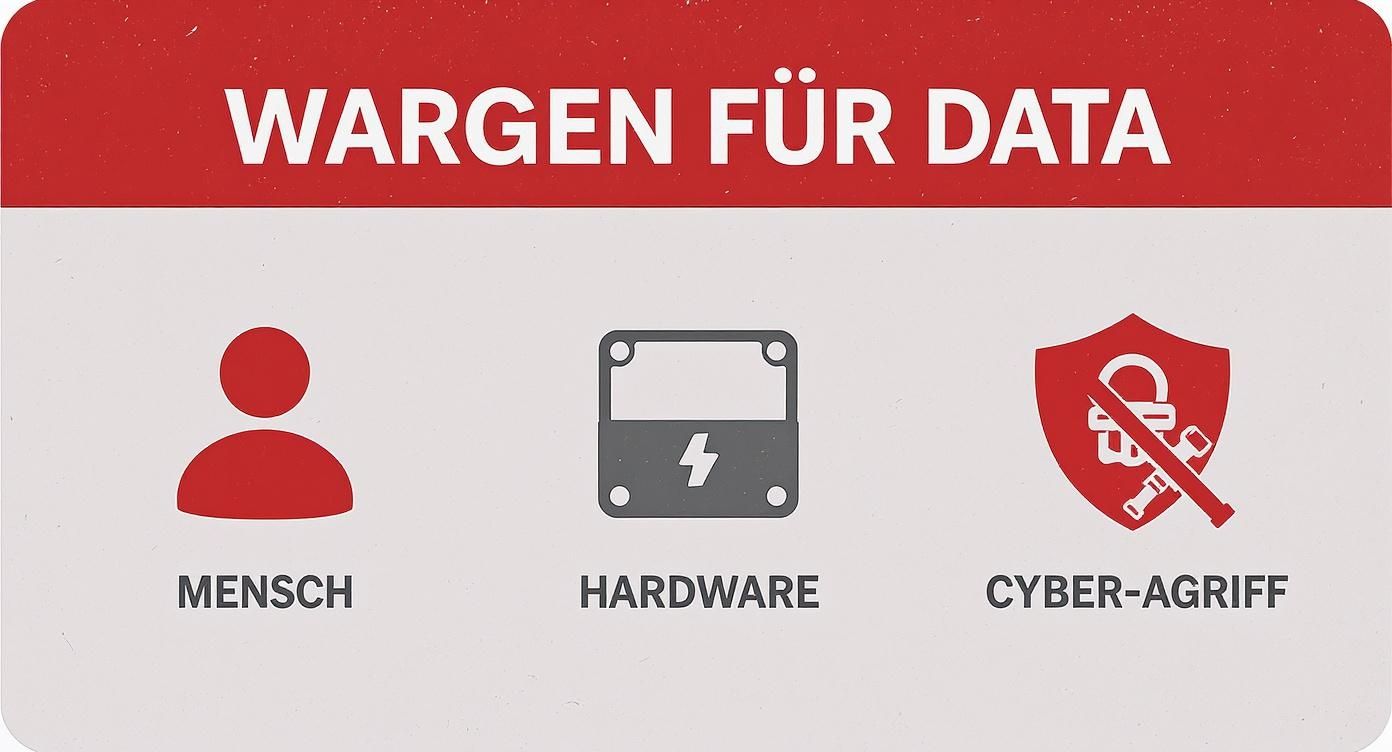 Infografik zu den drei Hauptgefahren für Daten: Mensch, Hardware und Cyberangriffe