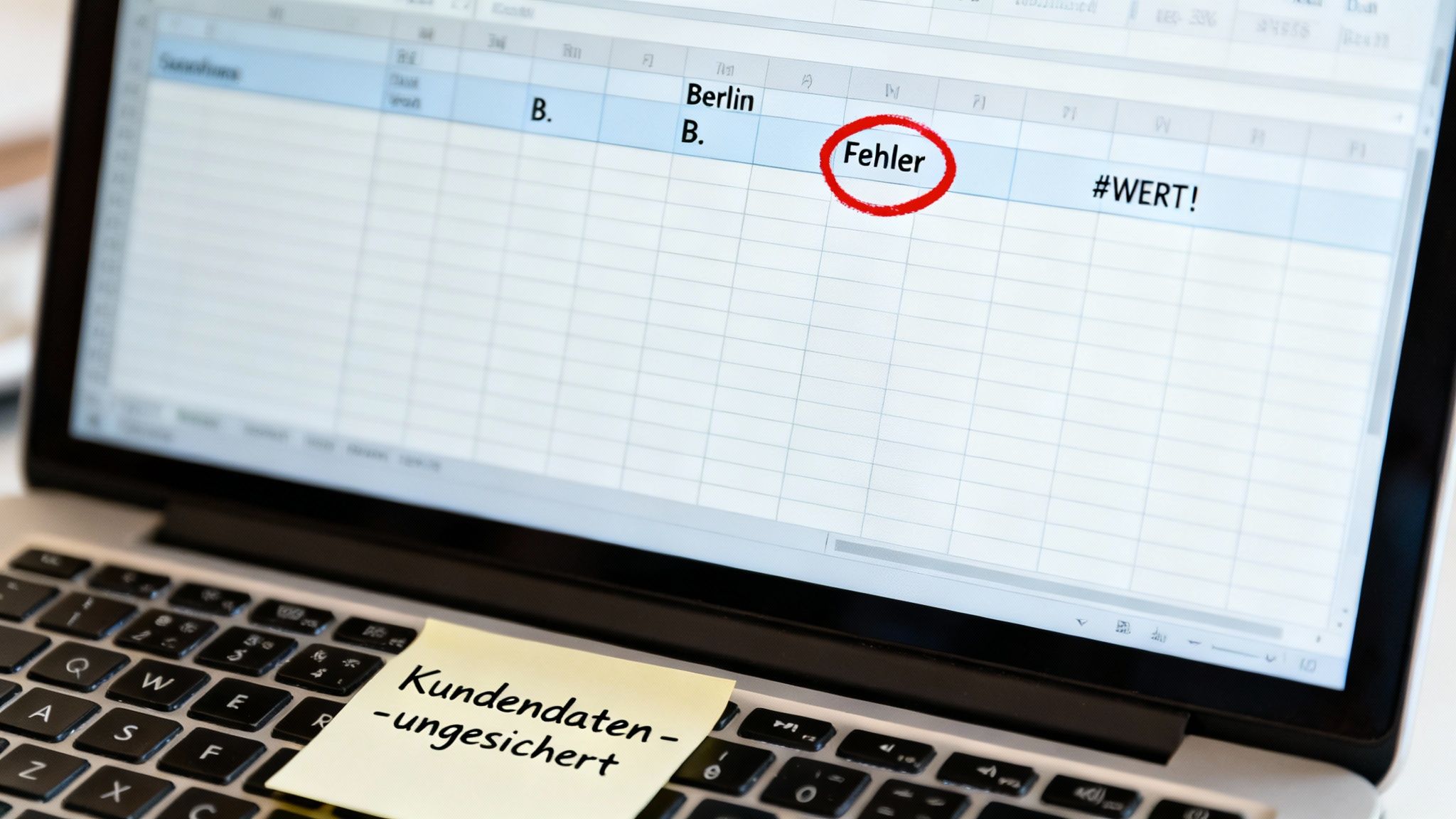 Laptop mit Excel-Tabelle, die Fehler anzeigt, und einer Notiz 'Kundendaten ungesichert' auf der Tastatur.