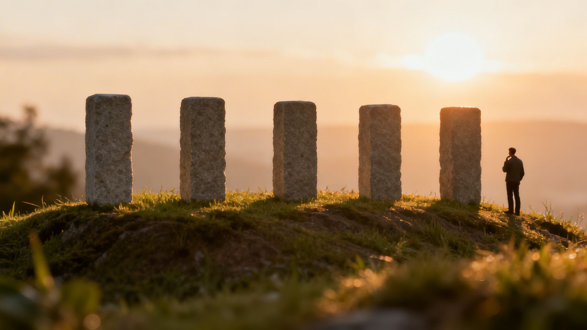 Männchen auf grasbewachsenem Hügel betrachtet fünf Steinpfeiler bei goldenem Sonnenuntergang.