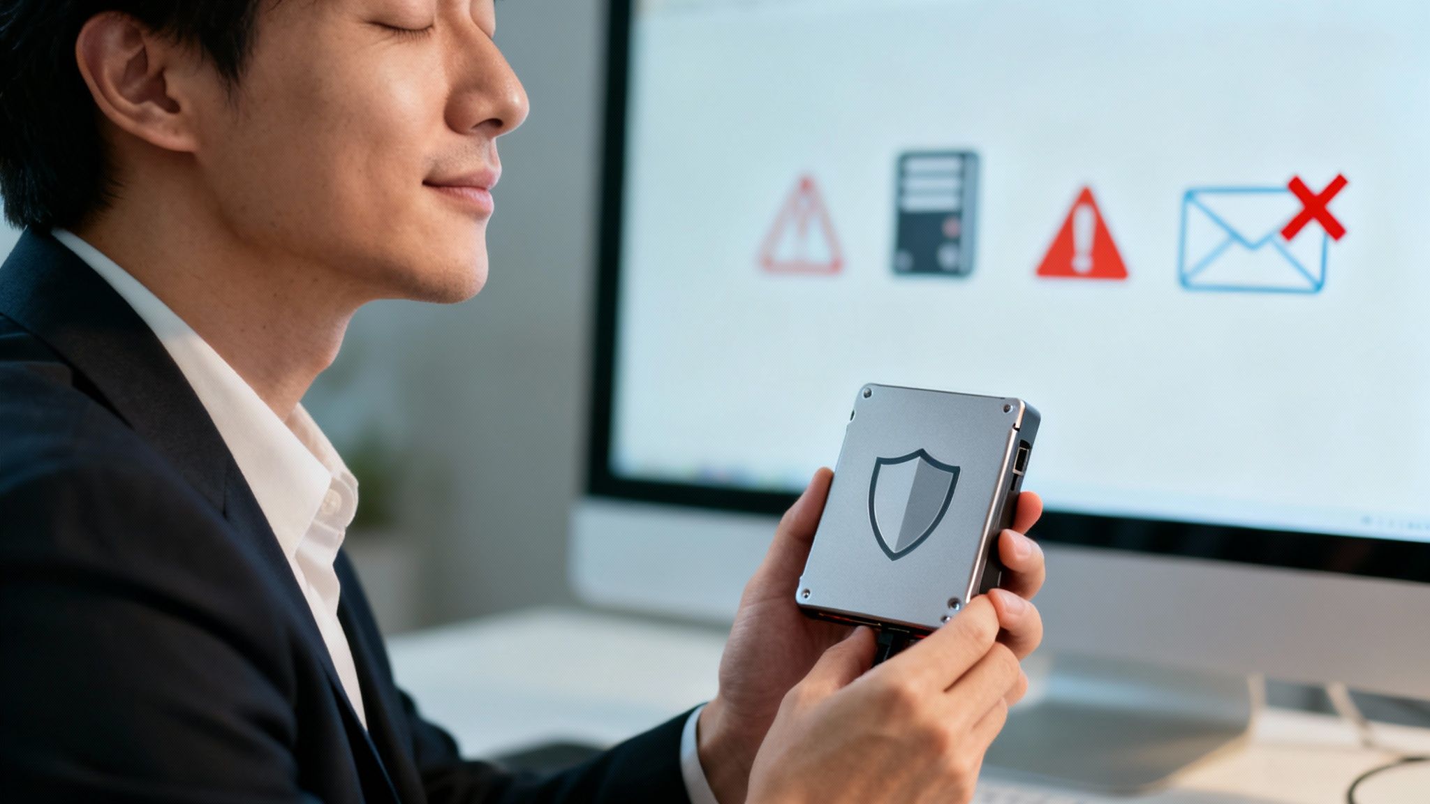 Ein Mann hält eine Festplatte mit einem Schildsymbol, während im Hintergrund ein Monitor Warnungen anzeigt.
