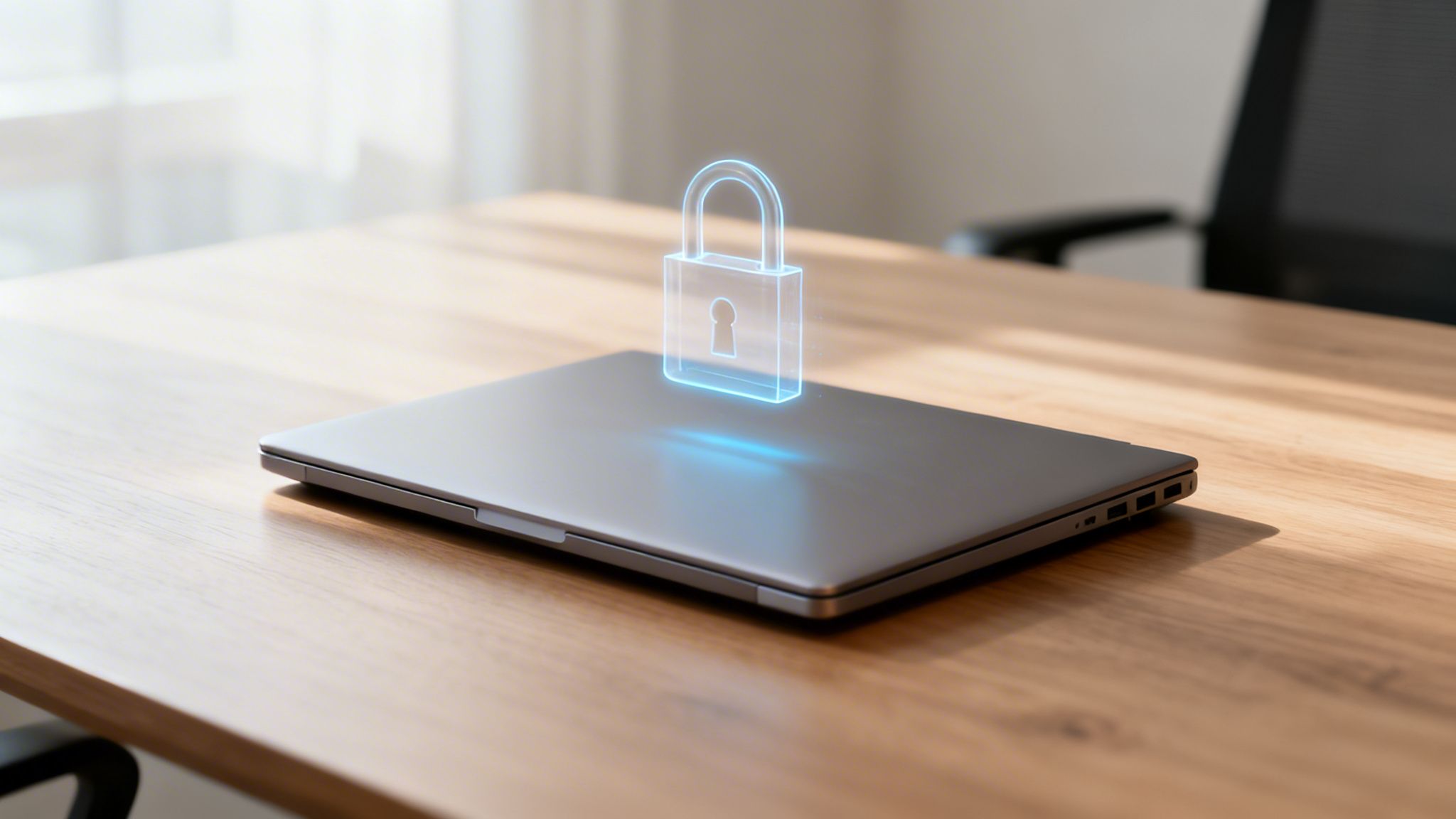 Ein geschlossener Laptop auf einem Holzschreibtisch mit einem leuchtenden Vorhängeschloss-Symbol darüber, das Datensicherheit darstellt.