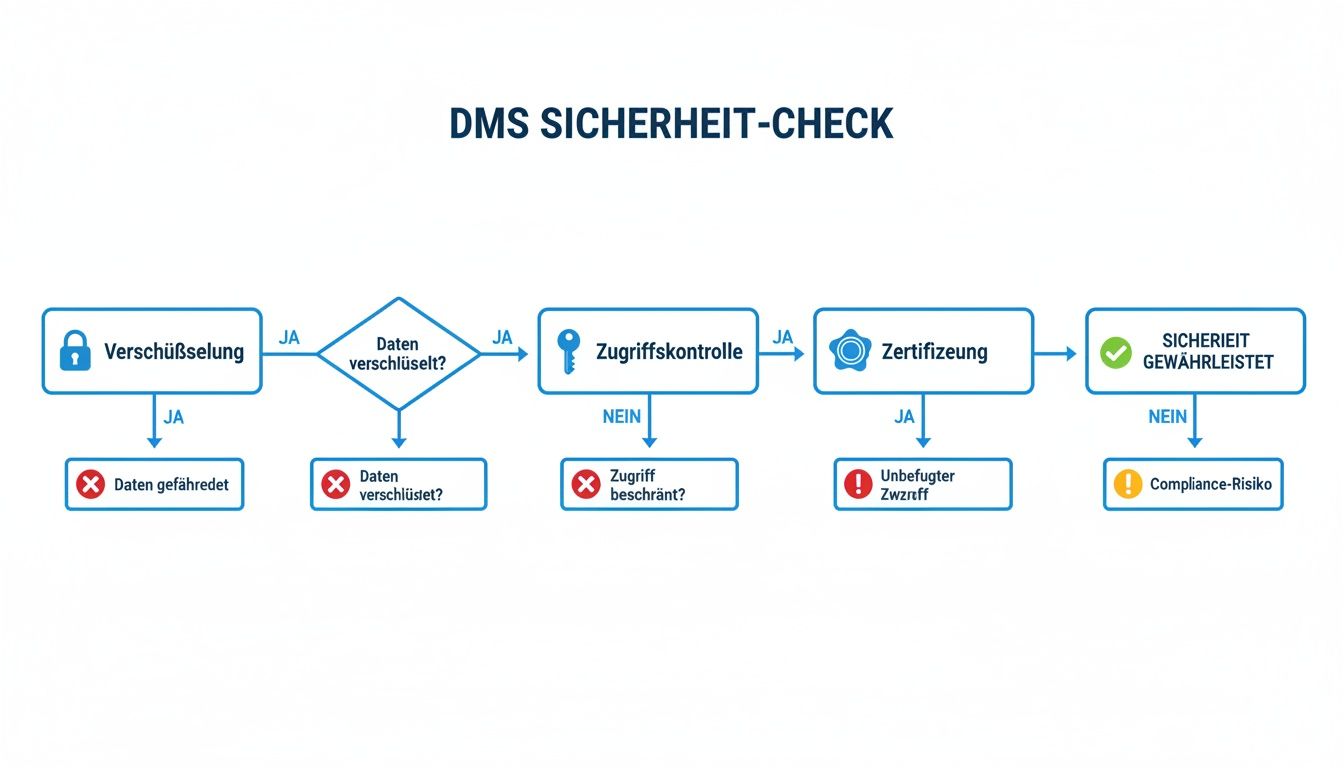 Flussdiagramm: DMS Sicherheits-Check. Prüft Verschlüsselung, Zugriffskontrolle und Zertifizierung, um Datensicherheit oder Compliance-Risiken zu bewerten.