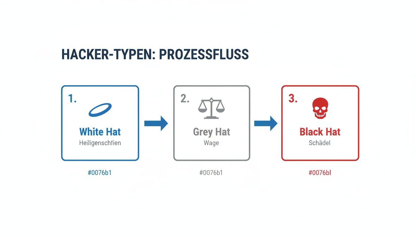 Ein Prozessflussdiagramm zeigt die Entwicklung von Hacker-Typen: White Hat, Grey Hat und Black Hat.