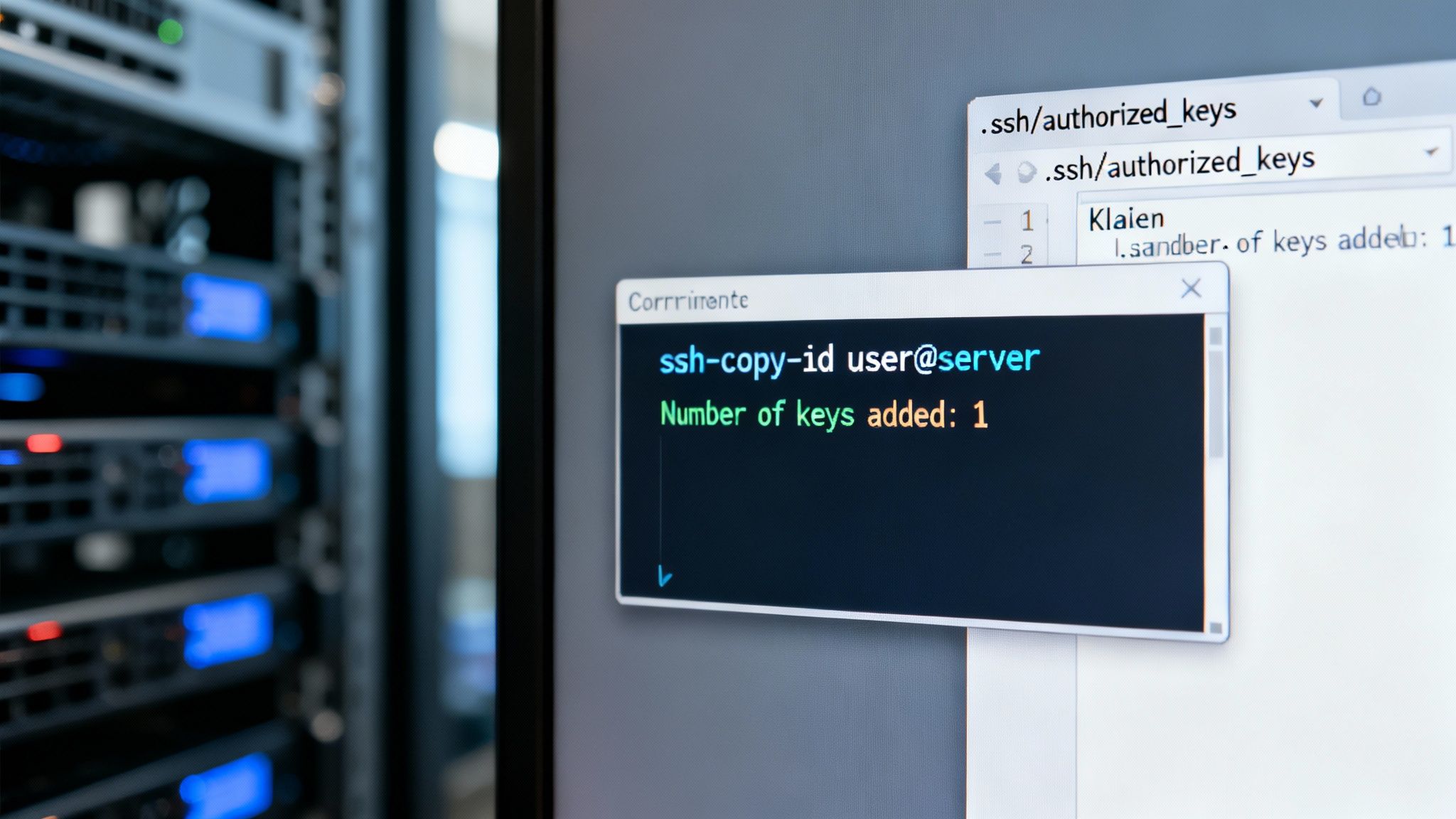 Monitor zeigt SSH-Schlüsselkonfiguration mit `ssh-copy-id` und `authorized_keys` vor Server-Racks.