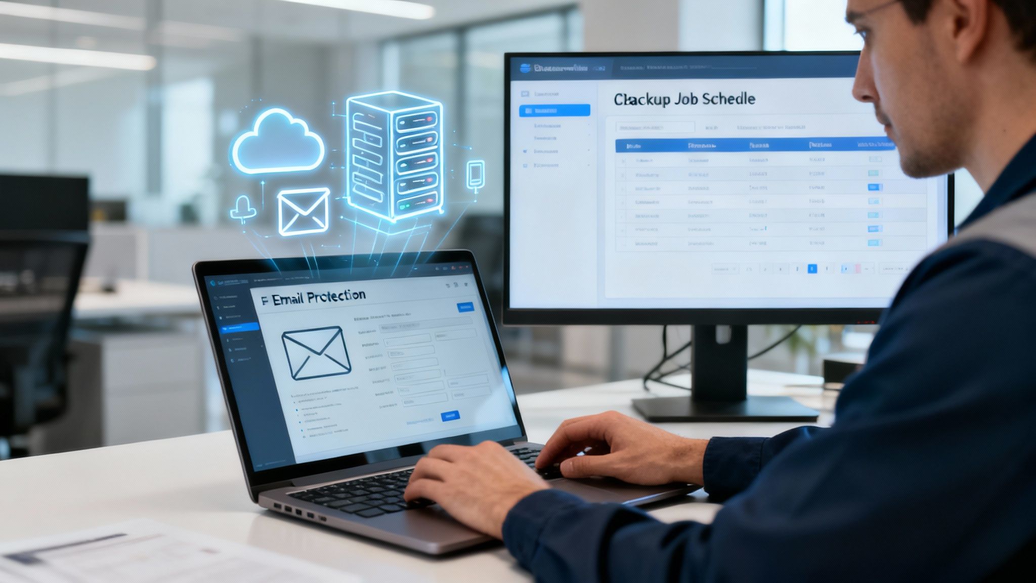 Mann arbeitet an Laptop mit E-Mail-Schutz und digitalen Datensicherungs-Icons im Büro.