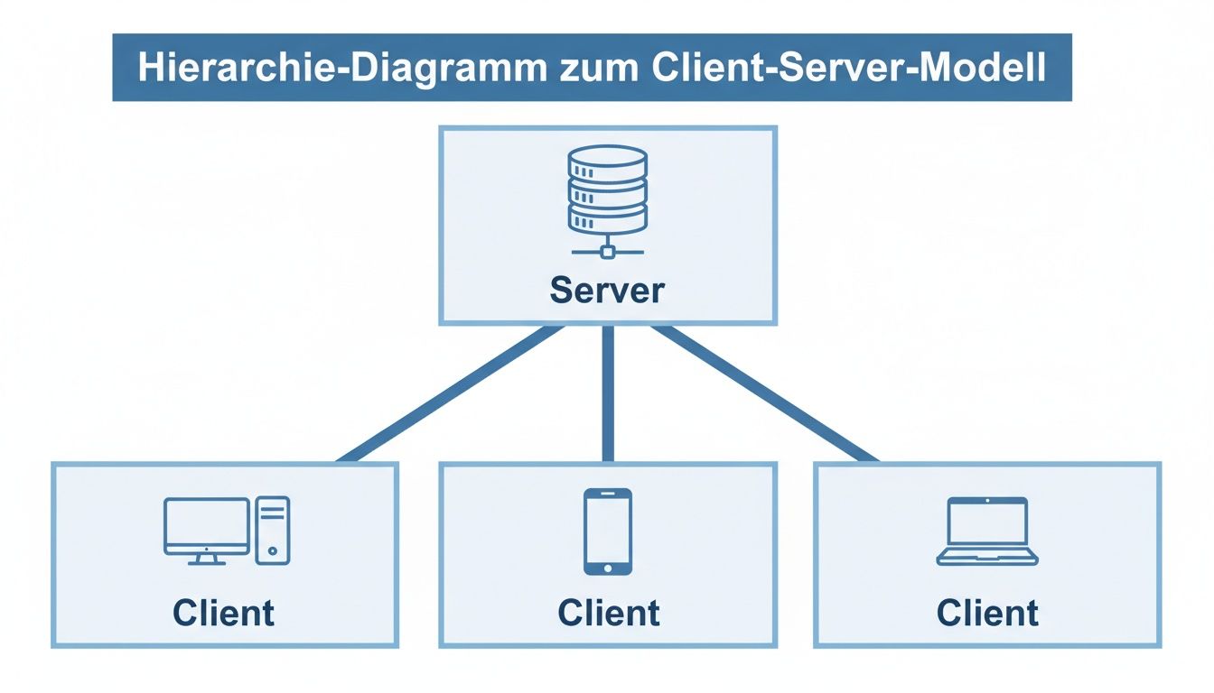 Hierarchie-Diagramm zum Client-Server-Modell mit einem zentralen Server, der verschiedene Client-Geräte wie Desktop, Smartphone und Laptop verbindet.