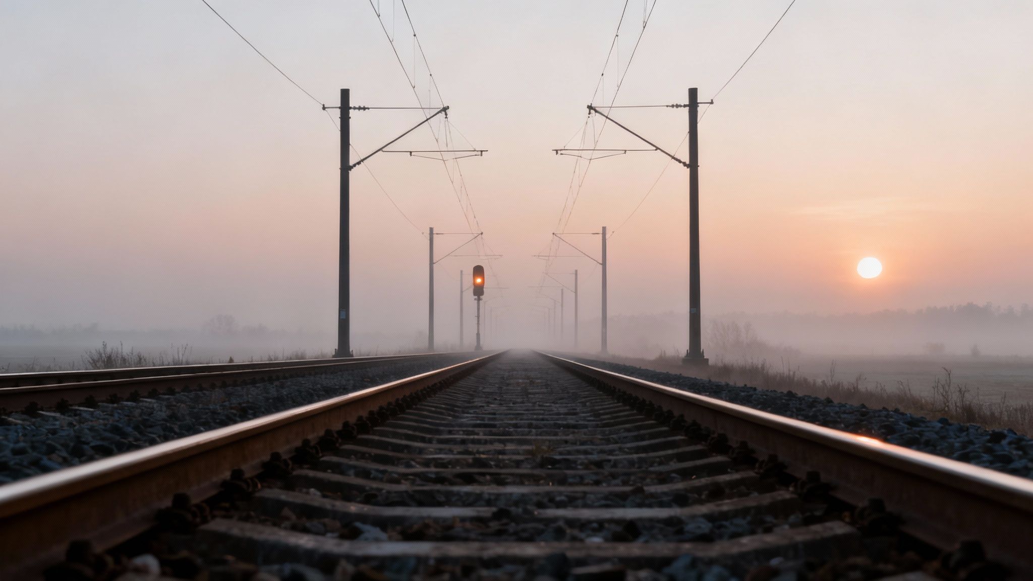 Eisenbahnschienen in nebliger Morgenstimmung mit Sonnenaufgang und Signallicht in der Ferne.