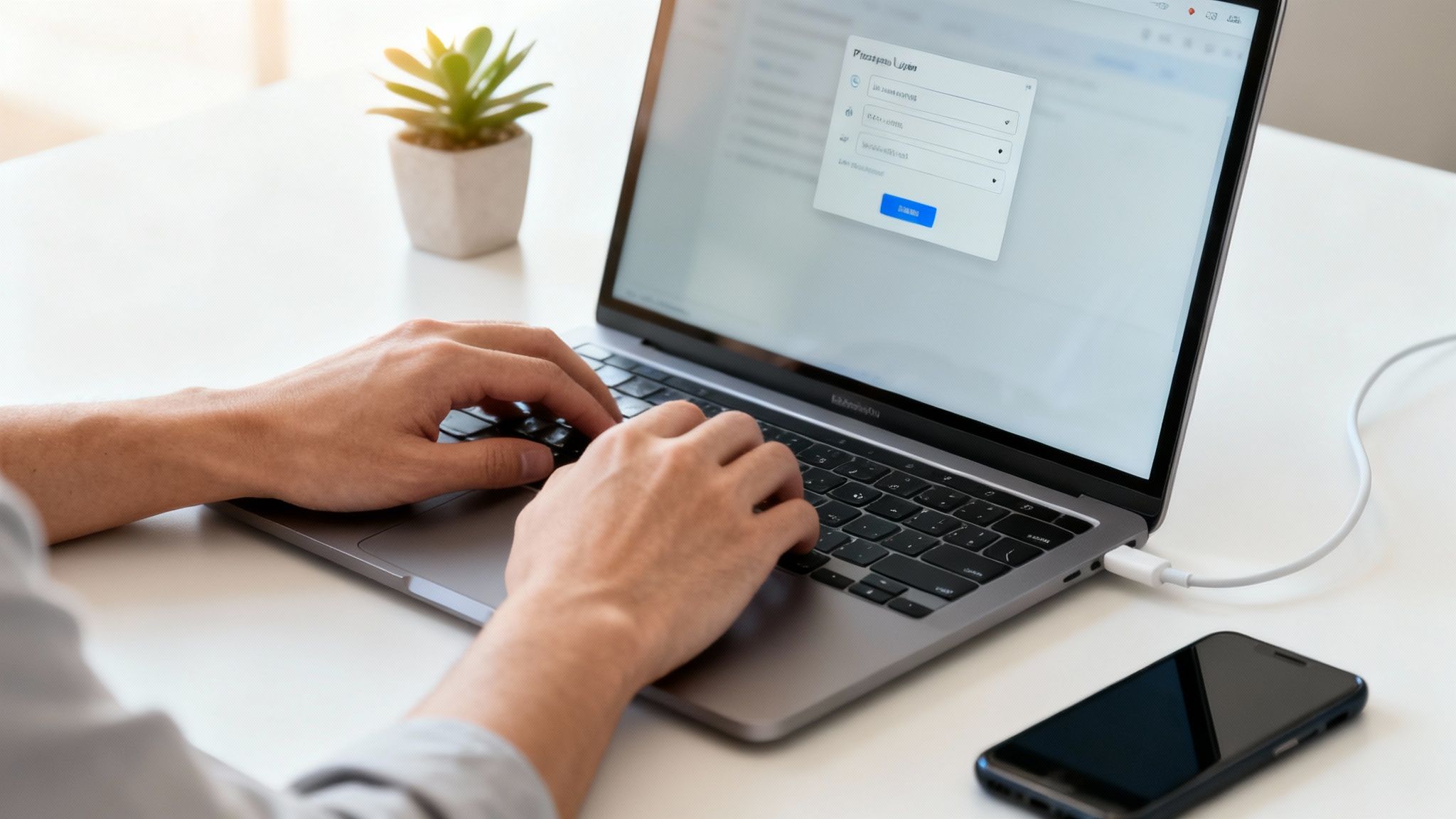 Person tippt an einem weißen Schreibtisch auf einem Laptop mit Anmeldeformular; ein Smartphone lädt.