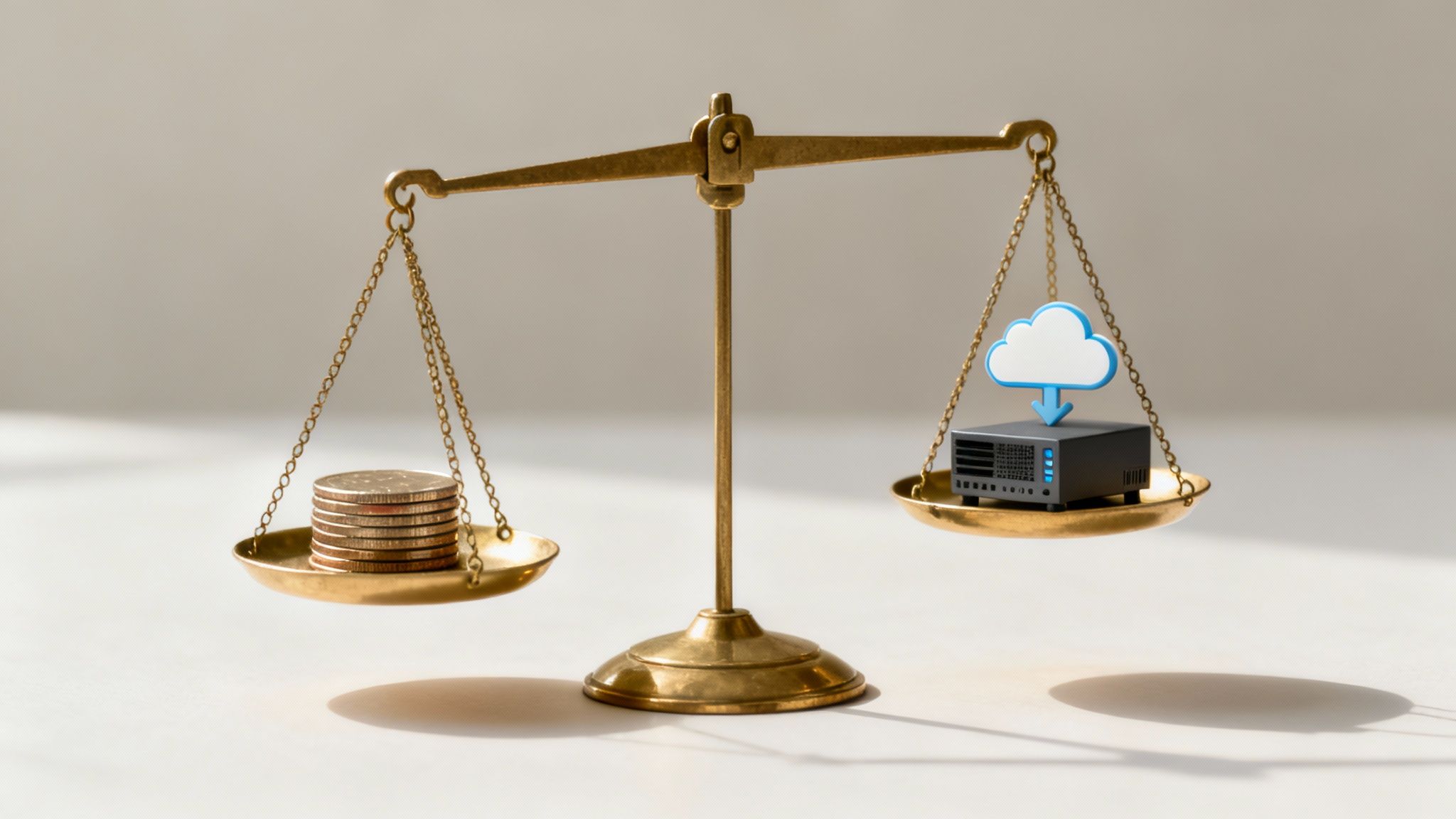 Eine goldene Waage, die Münzen mit einem Serversystem und einem Cloud-Symbol vergleicht, um Kosten darzustellen.