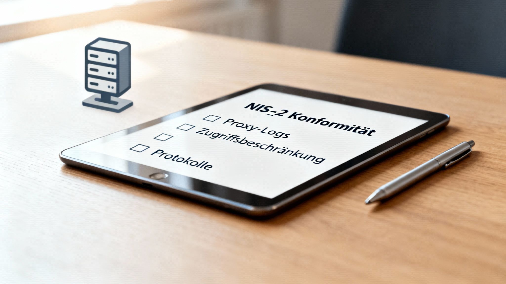 Tablet zeigt eine Checklist zur NIS-2 Konformität mit Proxy-Logs, Zugriffsbeschränkung und Protokollen. Daneben ein Server-Symbol.