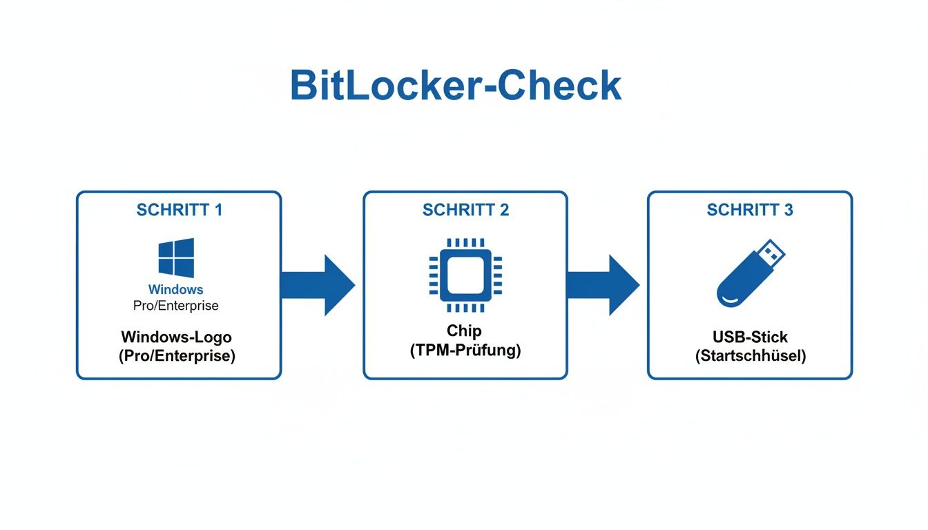 BitLocker-Check: Eine schematische Darstellung der Schritte zur Überprüfung von BitLocker auf einem System.