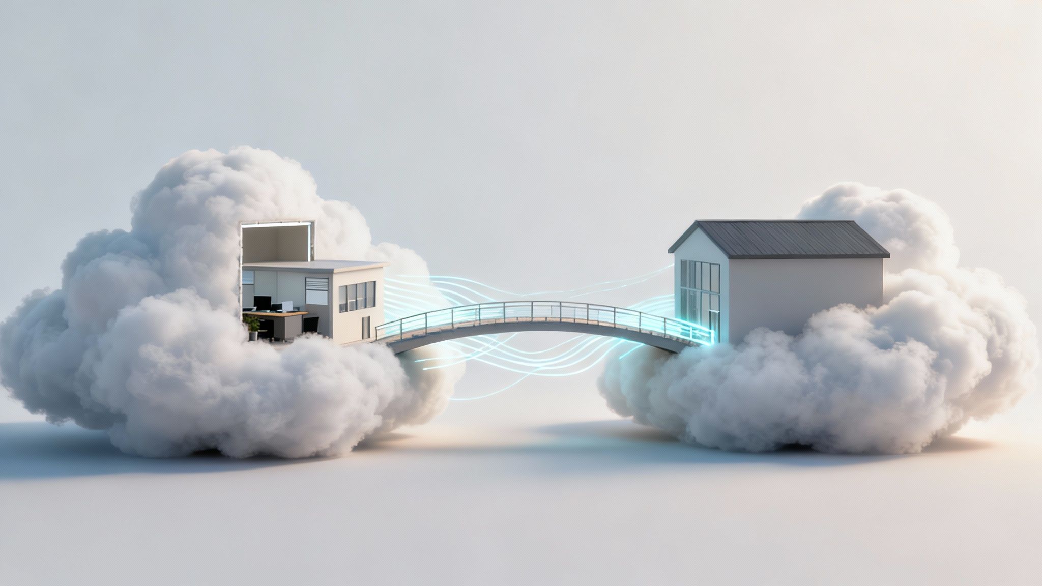 Eine grafische Darstellung, die eine Private Cloud mit einer Public Cloud verbindet, um das Konzept der Hybrid Cloud zu symbolisieren.