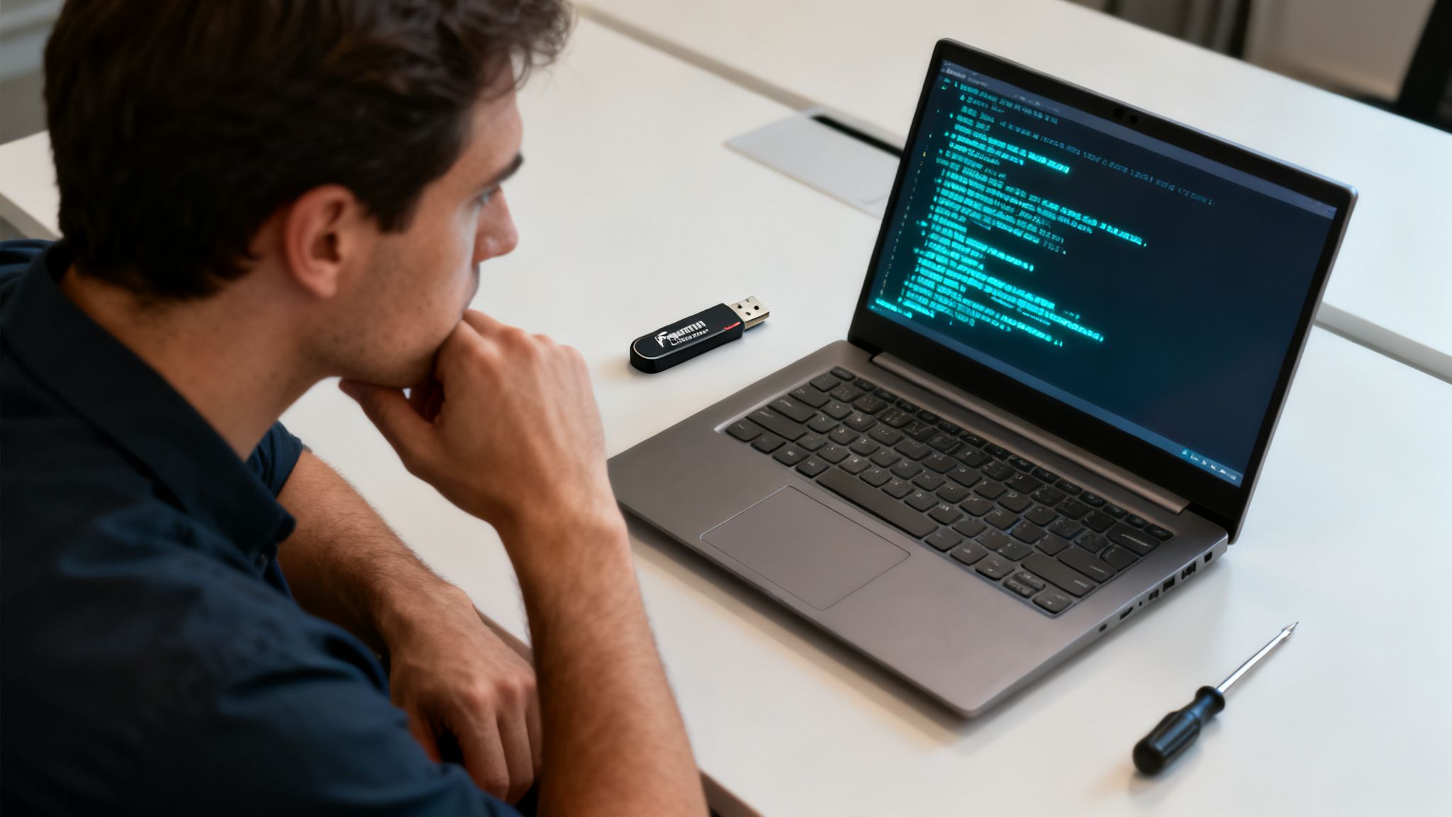 Mann betrachtet Laptop mit Code, USB-Stick und Schraubenzieher auf dem Schreibtisch.