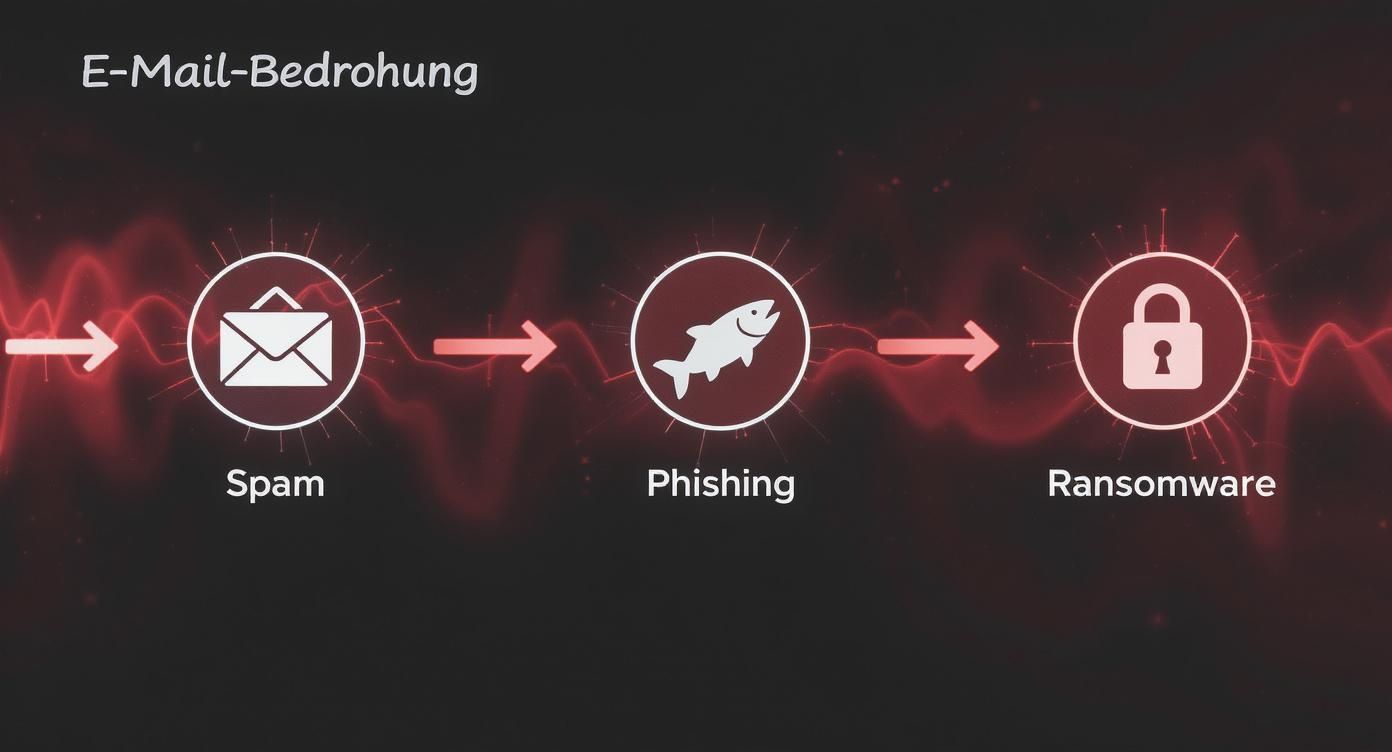 Grafische Darstellung von E-Mail-Bedrohungen: Vom Spam über Phishing bis zur Ransomware, visuell mit Symbolen und Pfeilen dargestellt.