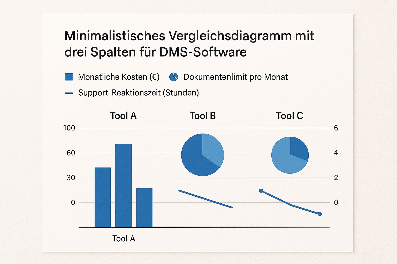 Infografik, die die monatlichen Kosten, das Dokumentenlimit und die Support-Reaktionszeit von drei verschiedenen DMS-Anbietern vergleicht.