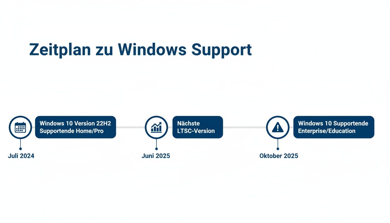 Zeitplan für Windows Support mit wichtigen Enddaten für verschiedene Windows 10 Versionen bis Oktober 2025.