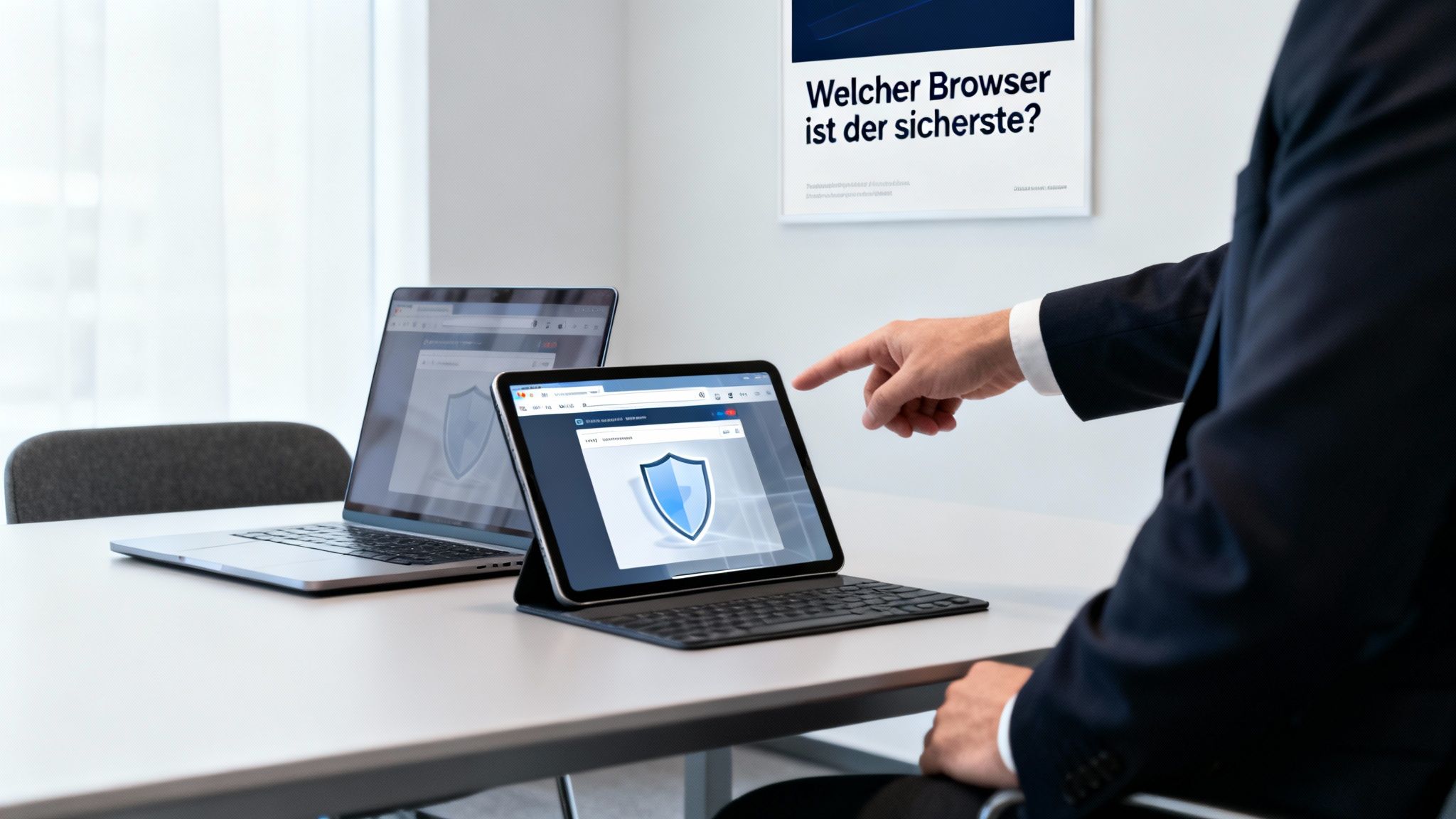 Mann zeigt auf Tablet mit Schild-Symbol, Laptop im Hintergrund. Es geht um Browser-Sicherheit.