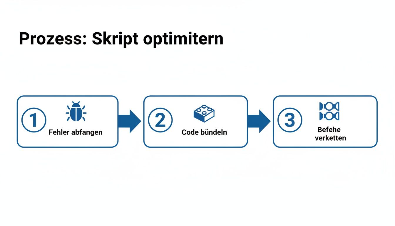 Flussdiagramm zeigt den Prozess zur Skriptoptimierung in drei Schritten: Fehler abfangen, Code bündeln und Befehle verketten.