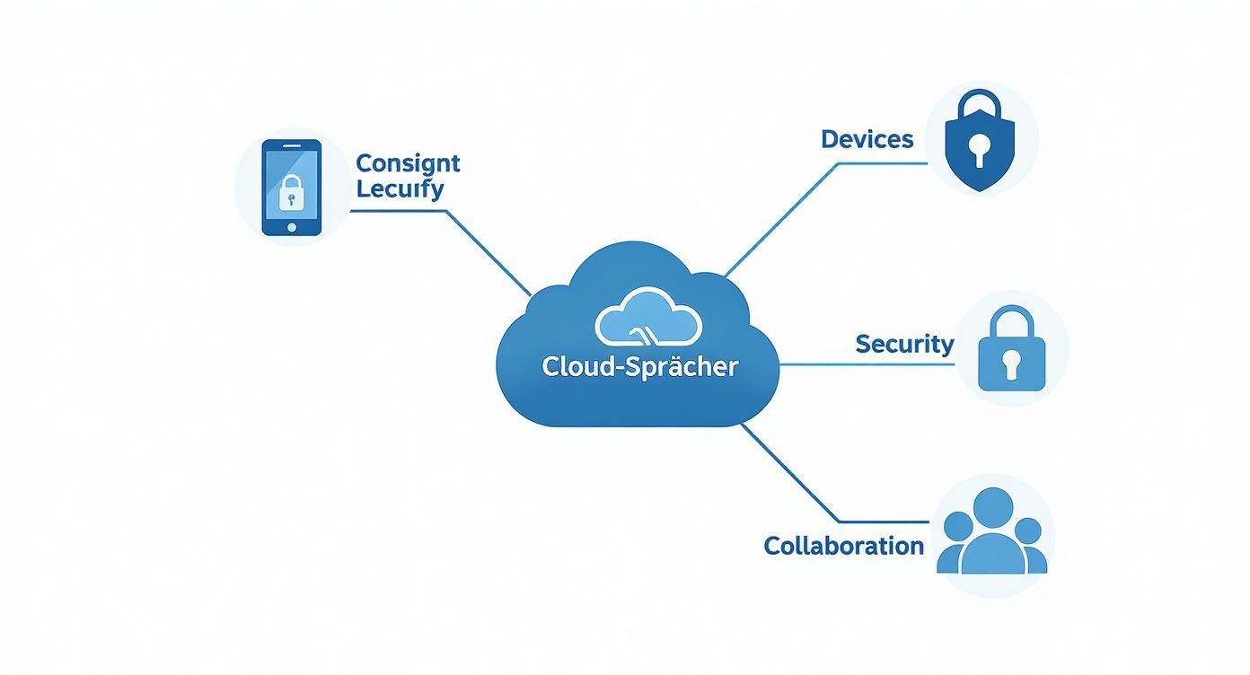 Cloud-Speicher Diagramm zeigt Verbindungen zwischen Consignify Lecuify, Geräten, Sicherheit und Zusammenarbeit über zentrale Cloud