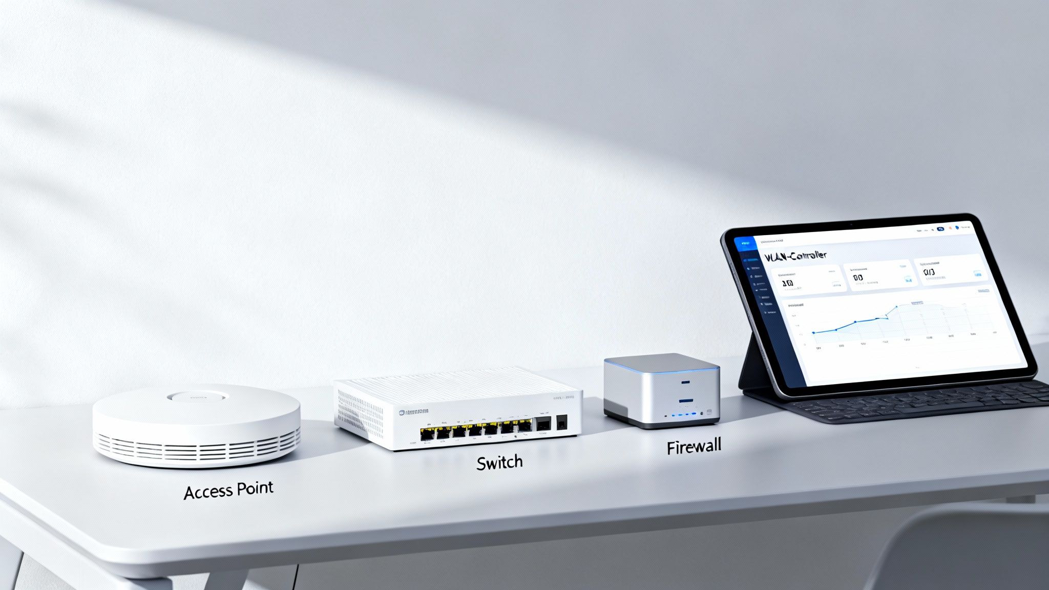 Netzwerkgeräte wie Access Point, Switch und Firewall auf einem Tisch, daneben ein Tablet mit WLAN-Controller-Interface.
