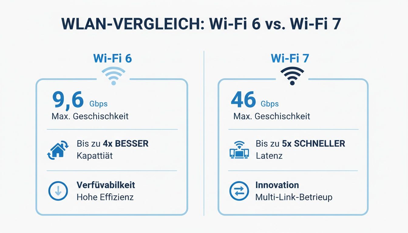 Vergleichstabelle der Wi-Fi-Standards 6 und 7 mit Angaben zu Geschwindigkeit, Kapazität, Latenz und Effizienz.