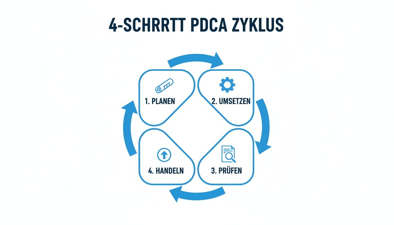 Darstellung des 4-Schritt PDCA Zyklus mit den Phasen Planen, Umsetzen, Prüfen und Handeln.