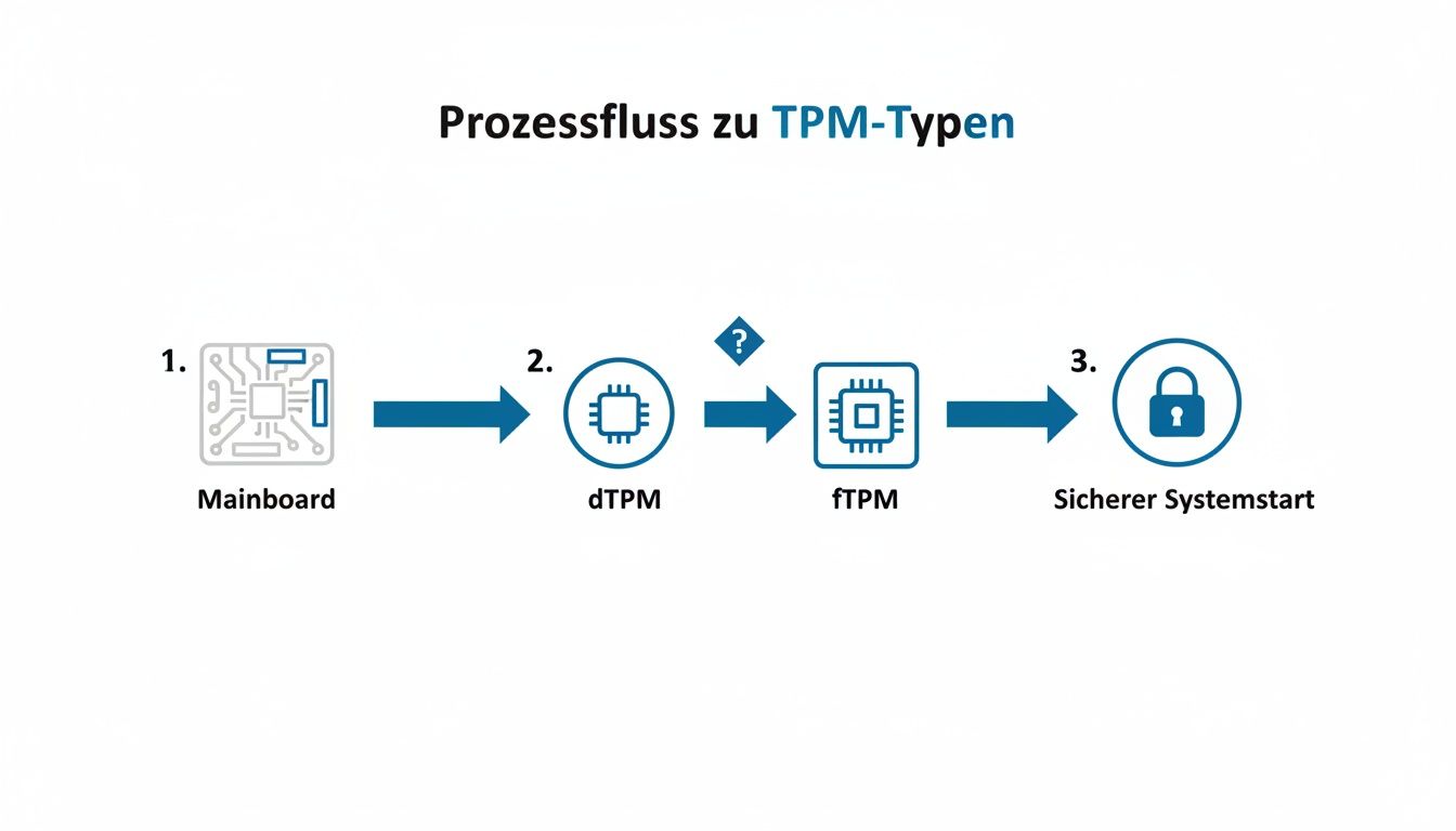 Prozessfluss von Mainboard über dTPM und fTPM zum sicheren Systemstart, Darstellung der TPM-Typen.