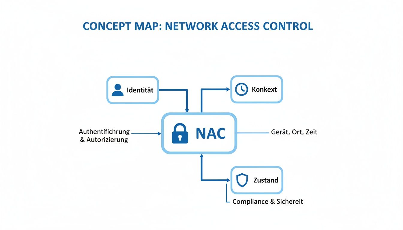 Konzeptkarte zu Network Access Control (NAC), die Identität, Kontext, Zustand, Authentifizierung und Autorisierung darstellt.
