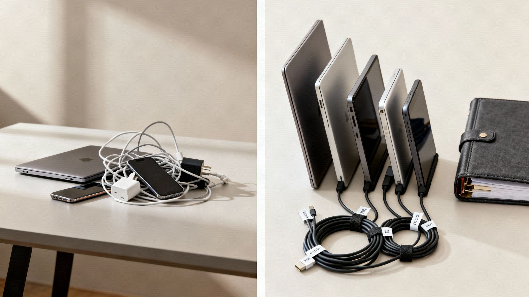 Vorher-Nachher-Vergleich: Von Kabelsalat zu ordentlich organisierten Lade- und Gerätestationen.