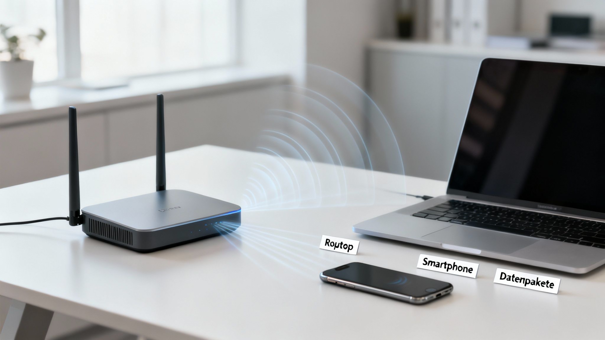 Ein WLAN-Router sendet drahtlose Signale an ein Laptop und ein Smartphone auf einem Schreibtisch.