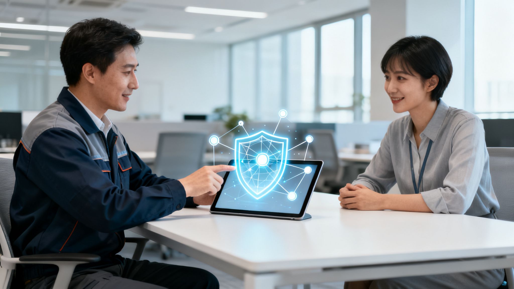 Mann in Arbeitskleidung zeigt einer Frau auf einem Tablet ein leuchtendes Schildsymbol für digitale Sicherheit.