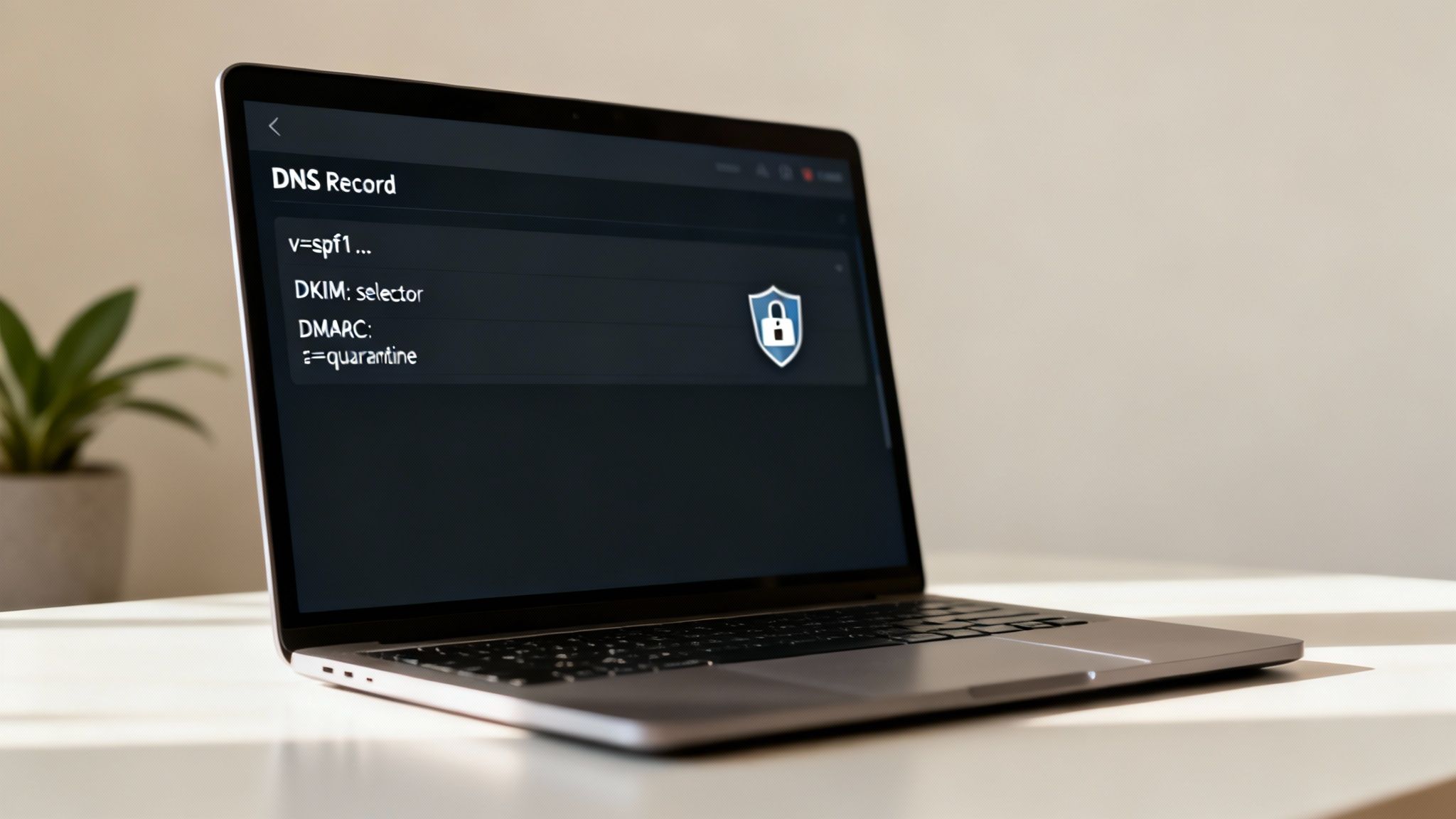 Laptop zeigt DNS-Einträge für E-Mail-Sicherheit, inklusive SPF, DKIM und DMARC-Einstellungen mit Schloss-Symbol.