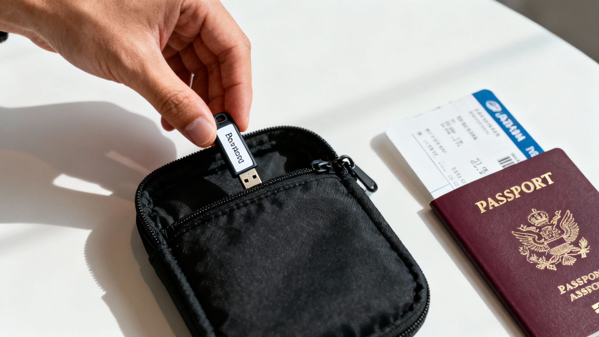 Eine Person, die einen USB-Stick an einen Laptop anschließt, um eine Datensicherung durchzuführen.