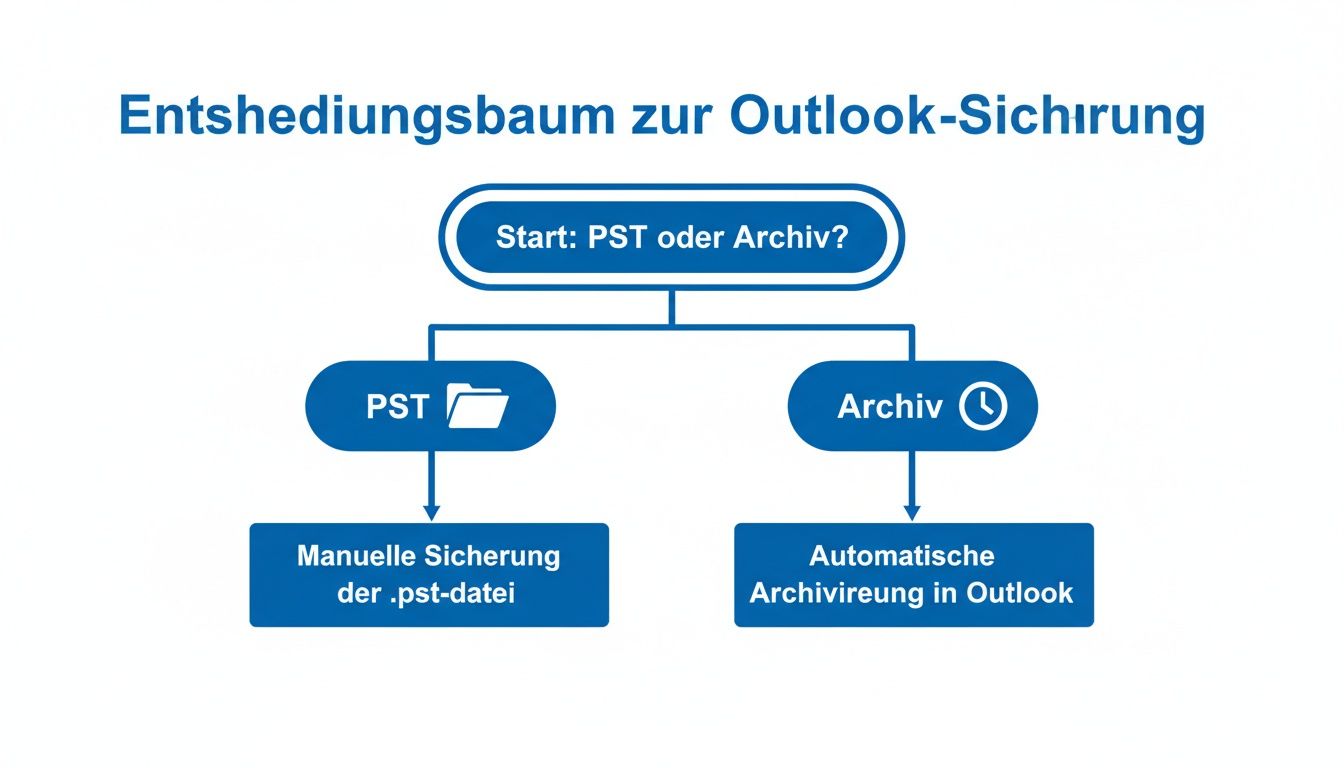 Entscheidungsbaum zur Outlook-Sicherung, der Optionen für PST-Dateien und automatische Archivierung darstellt.