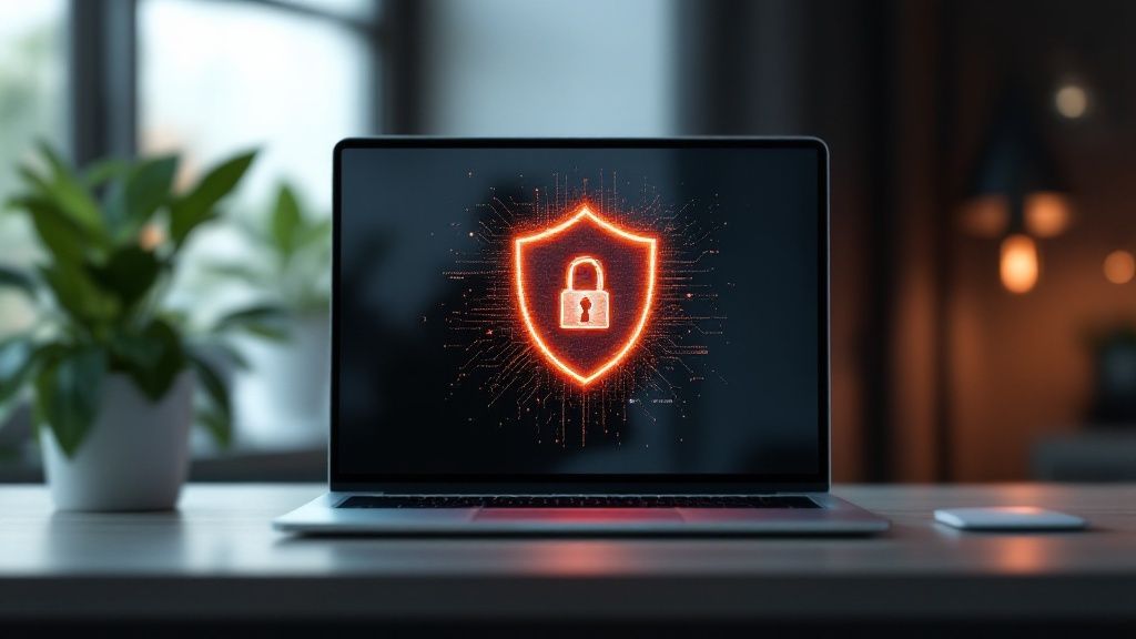 Eine Person blickt besorgt auf einen Laptop-Bildschirm, der eine Fehlermeldung oder ein Warnsymbol anzeigt, was eine Computerinfektion symbolisiert.