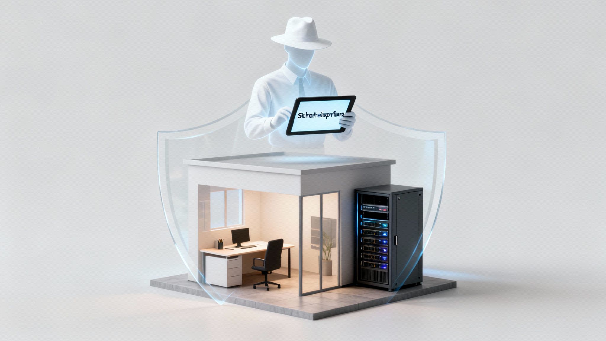 Eine Hologramm-Figur mit Tablet zeigt "Sicherheitsprüfung" über einem Büro und Server, geschützt durch ein gläsernes Schild.