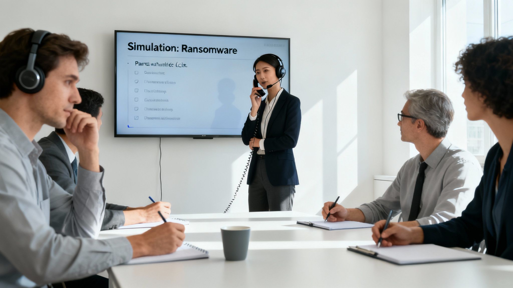 Ein Team bespricht in einem modernen Büro einen Plan auf einem Tablet, was die Bedeutung von Tests und Schulungen unterstreicht.