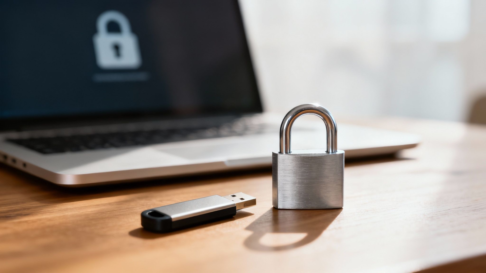 Ein Vorhängeschloss, das auf einem USB-Stick liegt und digitale Sicherheit symbolisiert.