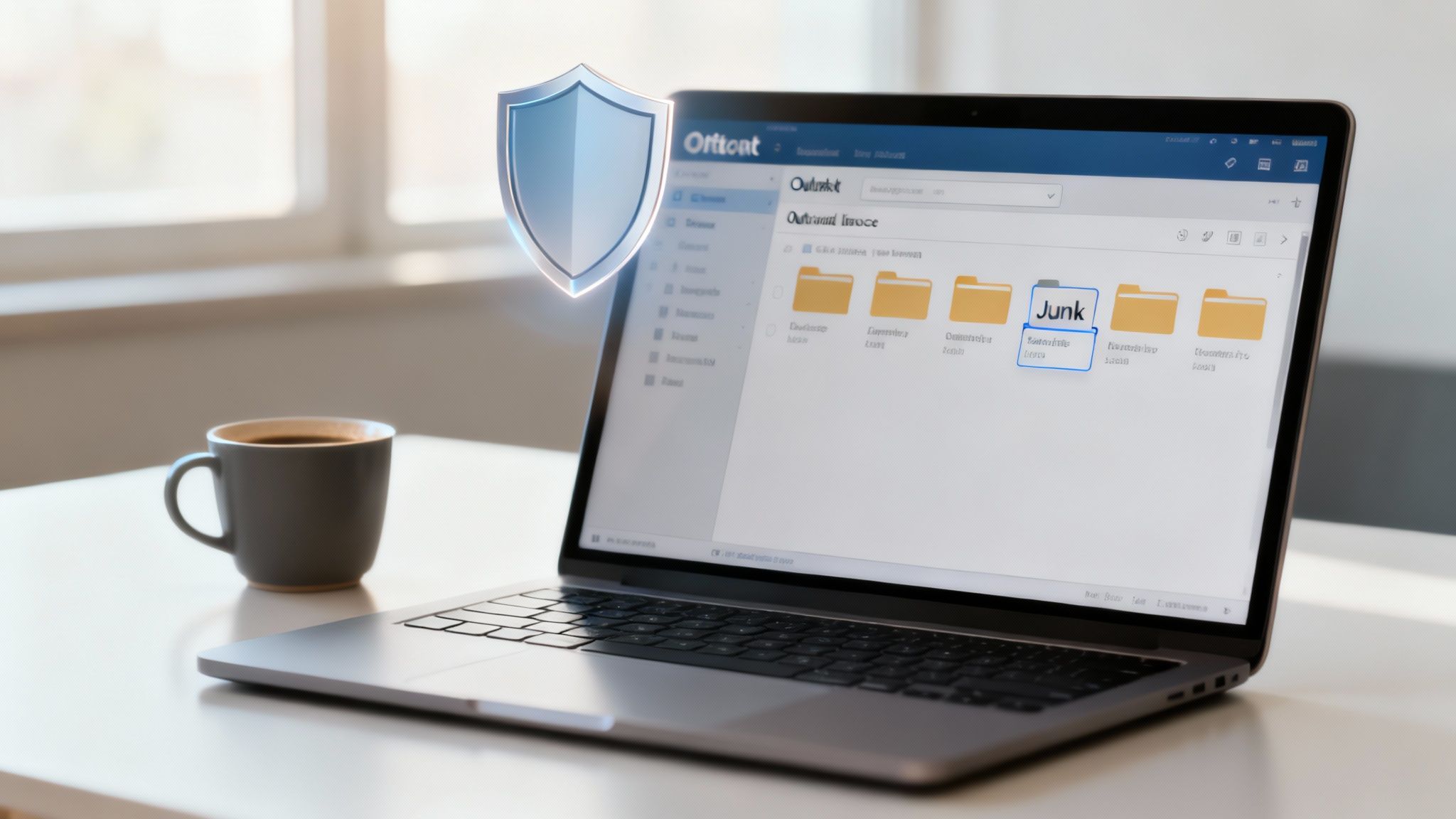 Ein Laptop zeigt Outlook mit einem markierten Junk-Ordner, daneben ein symbolischer Schutzschild für Sicherheit.