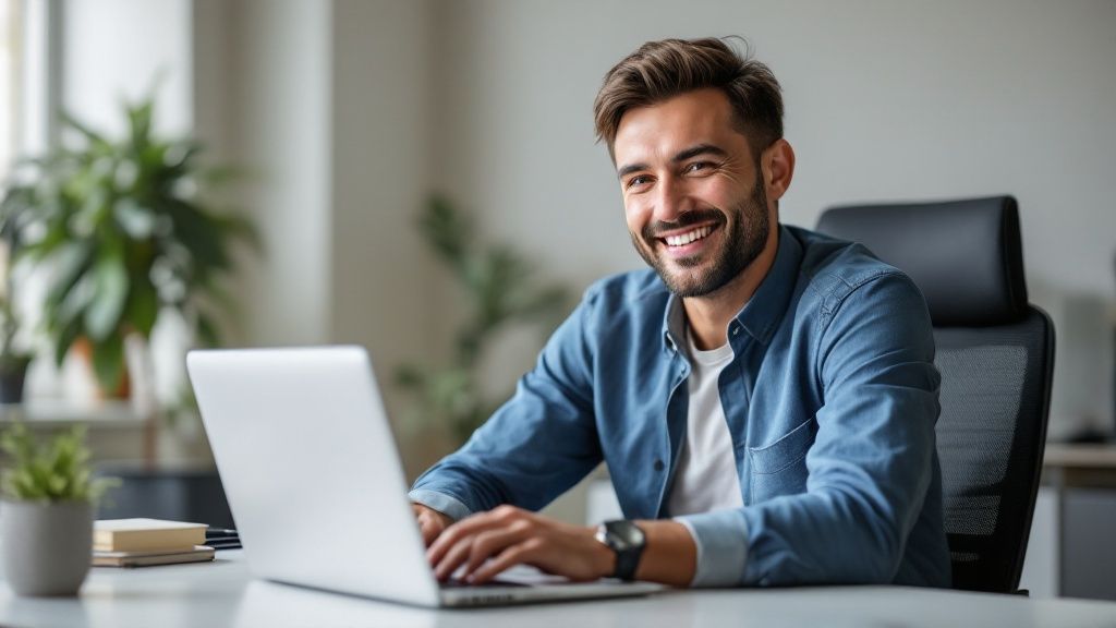 Eine Person hält eine kleine Zimmerpflanze in einem Topf über einem aufgeräumten Holzschreibtisch, was Nachhaltigkeit und Ordnung symbolisiert.