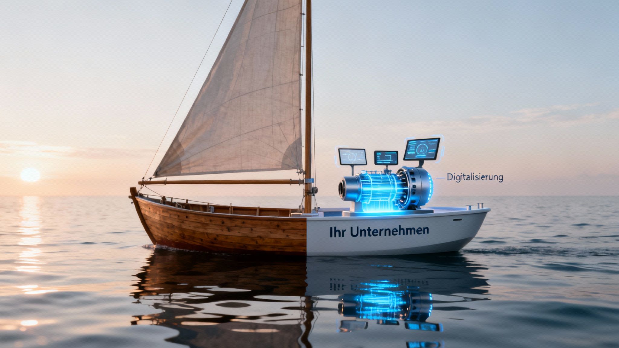 Geteiltes Boot: Traditionelles Segelboot trifft auf modernes, digitales Unternehmen mit Technologie und Bildschirmen.