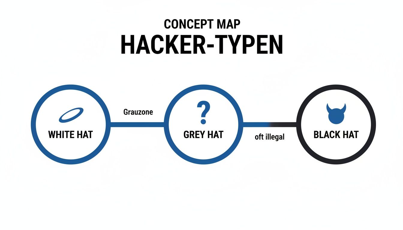 Konzeptkarte zu Hacker-Typen: White Hat, Grey Hat und Black Hat mit Verbindungen und Beschriftungen.