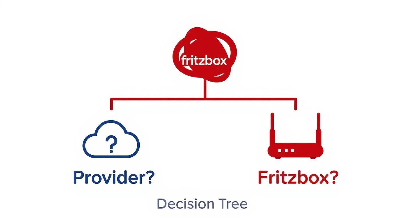 Infografik als Entscheidungsbaum, um zu ermitteln, ob der DNS-Fehler beim Provider oder der Fritzbox liegt.